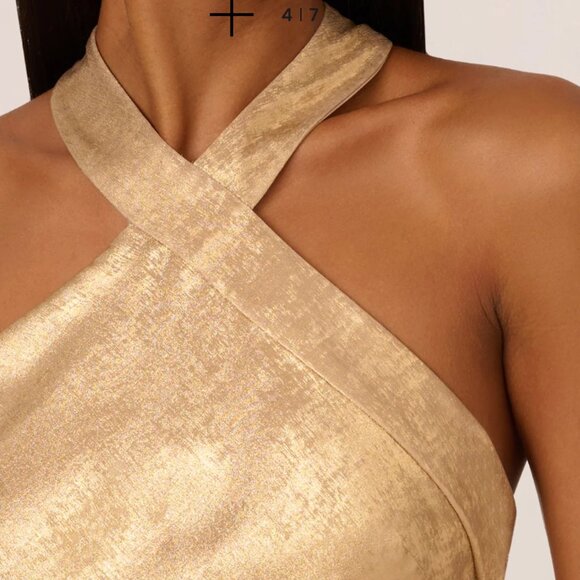 ADRIANNA PAPELL Foiled Mermaid Gown With Halter Neckline In Light Gold - Picture 6 of 7